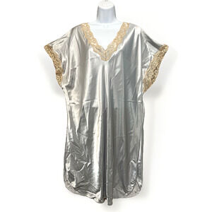 Shadowline Nightgown Liquid Satin Midi V-Neck Lace Women's 2X Exquisite